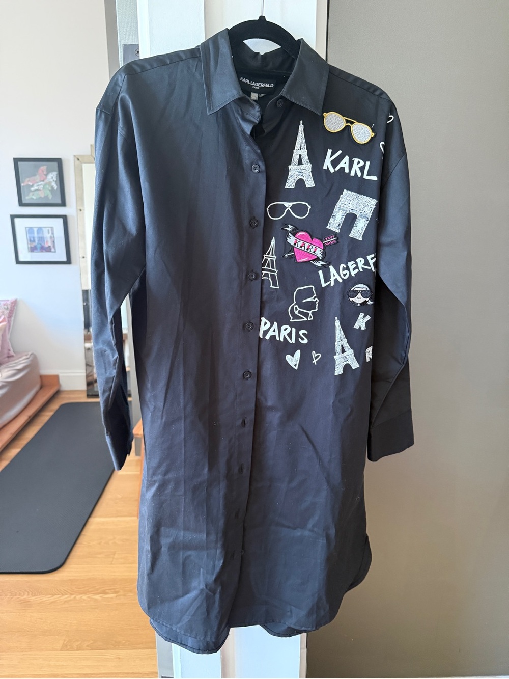 Karl Lagerfeld Black Longline Button-Down Shirt with Paris Graphics